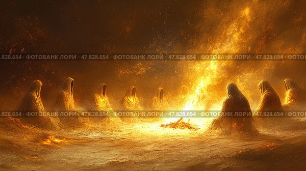 Cloaked figures engage in a solemn gathering around a bright fire, set against a mystical twilight landscape filled with warmth and shadows. Стоковое AI-изображение, AI-художник Данила Большаков / Фотобанк Лори