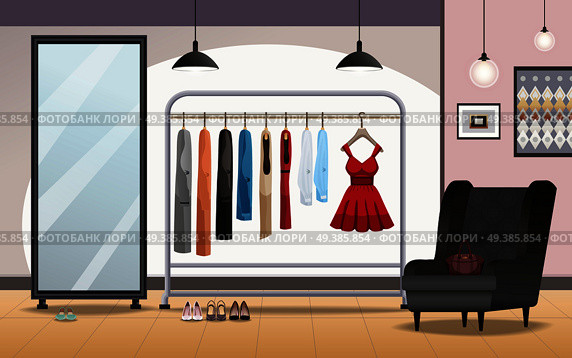 Cloakroom storage room interior with foot wear under clothing rack standing mirror armchair lighting realistic vector illustration . Cloakoom Interior Realistic . Стоковая иллюстрация, агентство Ingram Publishing / Фотобанк Лори