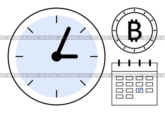 Clock displaying time, Bitcoin symbol representing cryptocurrency, and calendar with marked date. Ideal for cryptocurrency, financial planning, time management, scheduling, organization, meetings. Timing and Scheduling Concepts with Clock, Bitcoin Symbol, and Calendar Elements. Стоковая иллюстрация, агентство Ingram Publishing / Фотобанк Лори