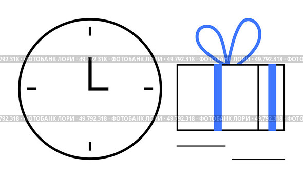 Clock showing 9 oclock next to a wrapped present with a bow. Ideal for time management, gift planning, holiday preparation, events scheduling, work-life balance, punctuality, corporate gifting. Line. Time Management and Gift Giving Concept Featuring Clock and Wrapped Present with Bow. Стоковая иллюстрация, агентство Ingram Publishing / Фотобанк Лори