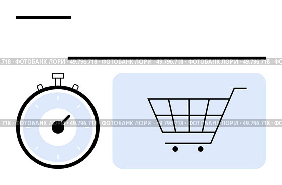 Clock stopwatch and shopping cart icon in minimalist style. Ideal for online shopping, e-commerce, time saving, efficiency, modern lifestyle, consumerism, productivity toolkit. Line metaphor. Clock Stopwatch and Shopping Cart Representing Consumerism and Time Management Concept. Стоковая иллюстрация, агентство Ingram Publishing / Фотобанк Лори