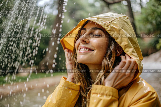 Close-up. A happy young woman in a raincoat enjoys the rain on the background of a green forest, the concept of enjoying a natural leisurely life, environment, lifestyle. Стоковое AI-изображение, AI-художник Photojuli / Фотобанк Лори