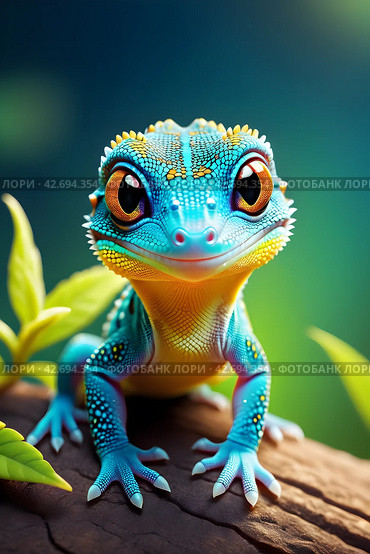 Close up blue-green lizard on a natural background. Стоковое AI-изображение, AI-художник Наталья Симакова / Фотобанк Лори
