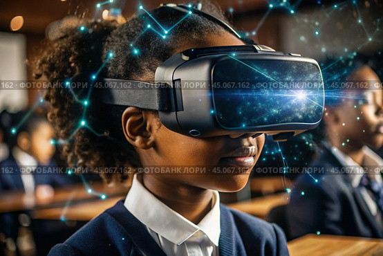 Close-up of a black African girl wearing virtual reality glasses. The child is in the classroom, with other students in the background. The digital interface is displayed in the headphones. Стоковое AI-изображение, AI-художник Photojuli / Фотобанк Лори