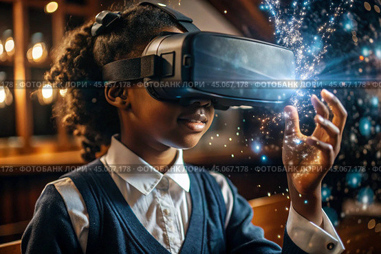 Close-up of a black African girl wearing virtual reality glasses. The child is in the classroom, with other students in the background. The digital interface is displayed in the headphones. Стоковое AI-изображение, AI-художник Photojuli / Фотобанк Лори
