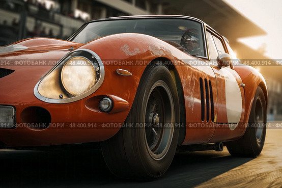 Close-up of a classic retro racing car on the speedway of the autodrome. Стоковое AI-изображение, AI-художник Алексей Кузнецов / Фотобанк Лори