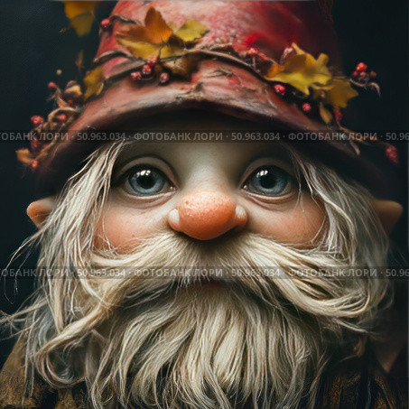 Close-up of a fairy-tale gnome with a gray beard and large expressive eyes. On his head is a red cap decorated with autumn leaves and berries. The warm and good-natured image evokes associations with folk tales, magic and forest spirits. Ideal for children's book illustrations, New Year and autumn design, cards and fairy-tale projects. Стоковое AI-изображение, AI-художник Анна Кривицкая / Фотобанк Лори