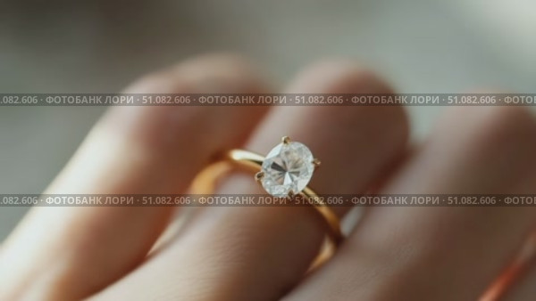 Close-up of a hand wearing a gold engagement ring with a large, round diamond. The background is softly blurred, emphasizing the ring's details. Стоковое AI-видео, аниматор Nart / Фотобанк Лори