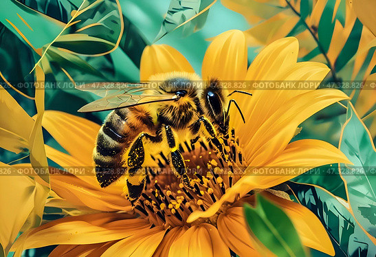 Close-up of a honey bee collecting nectar on a white flower against the tropical setting background. Стоковое AI-изображение, AI-художник Iva Noel / Фотобанк Лори
