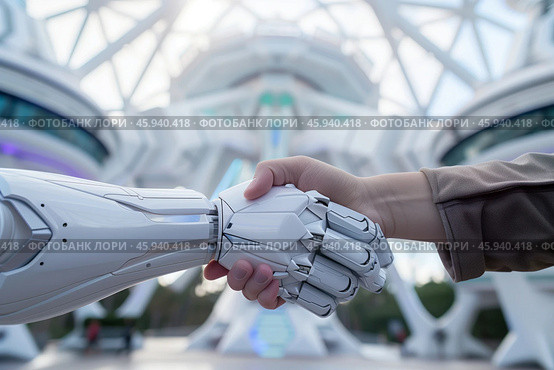 Close-up of a human hand shaking a robotic hand, symbolizing collaboration between humans and technology in a futuristic environment. Стоковое AI-изображение, AI-художник Михаил Строгалев / Фотобанк Лори