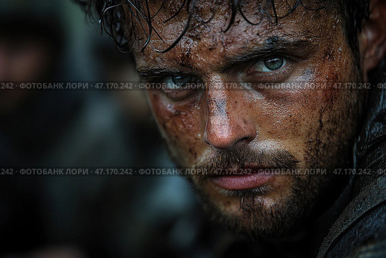 Close-up of a man with a dirty and sweaty face. His skin is covered with small scratches, streaks of dirt and drops of moisture. The man's gaze is tense, his eyes are light in color, as if peering intently at the viewer. His hair is wet and disheveled, and his beard and moustache are carelessly overgrown. The atmosphere around is gloomy and harsh, the blurred background hints at the presence of other people or difficult environmental conditions. The clothes are dark, possibly military or tourist, soaked in moisture and dirt. Стоковое AI-изображение, AI-художник Анна Кривицкая / Фотобанк Лори