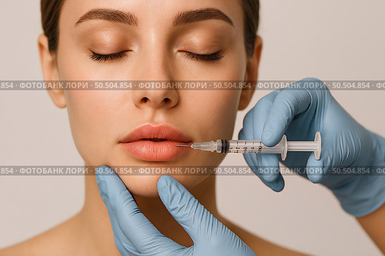 Close-up of a person receiving a lip injection from a gloved professional using a syringe for cosmetic enhancement. The person has closed eyes and a calm expression. Стоковое AI-изображение, AI-художник Olga Dmitrieva / Фотобанк Лори