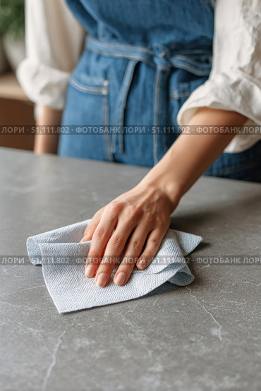 Close-up of a woman’s hand wiping a gray countertop with a cloth, emphasizing cleanliness, home care and routine cleaning in a well-lit kitchen environment. Стоковое AI-изображение, AI-художник Катерина Бондарец / Фотобанк Лори