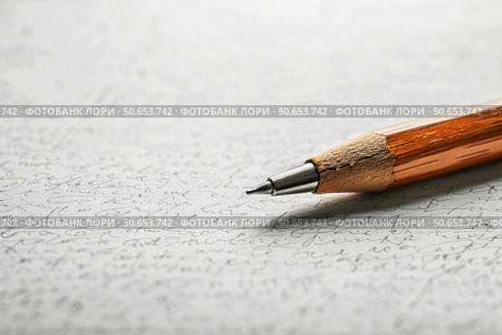 Close up of a wooden pencil lying on a handwritten text document. Стоковое AI-изображение, AI-художник Иван Рябоконь / Фотобанк Лори