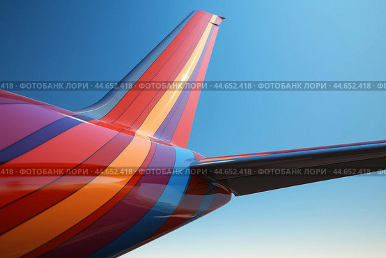 Close-up of airplane tail against blue sky. Стоковое AI-изображение, AI-художник Иван Рябоконь / Фотобанк Лори