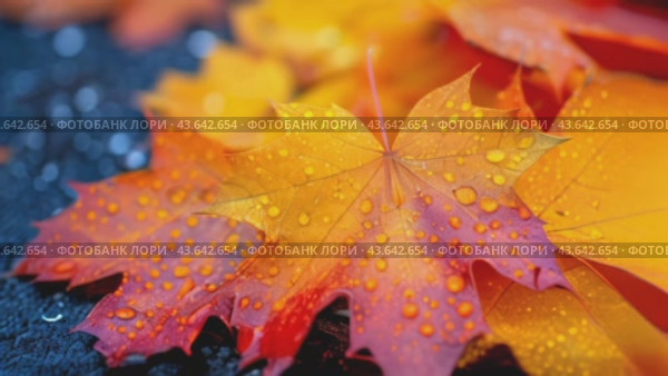 Close up of fallen maple leaves on ground in autumn covered in raindrops. Стоковое видео, видеограф Ирина Михайличенко / Фотобанк Лори