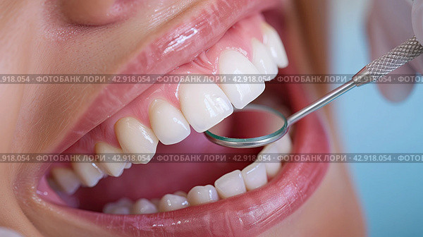 Close up of female mouth with dental mirror. Dentistry concept. Стоковое AI-изображение, AI-художник Katsiaryna Repich / Фотобанк Лори