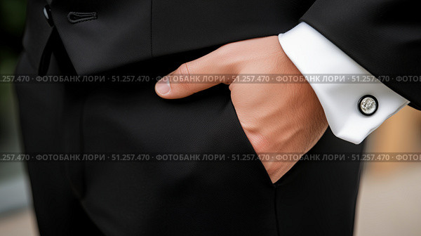 Close-up of formal attire showcasing a black dress shirt and slacks. Стоковое AI-изображение, AI-художник Katsiaryna Repich / Фотобанк Лори