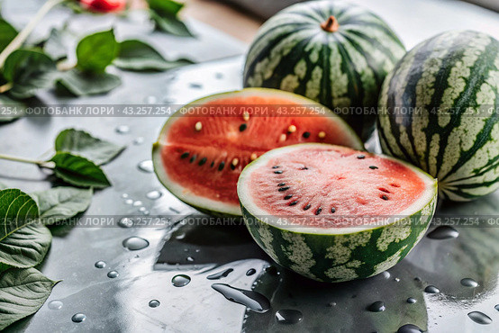 Close-up of fresh watermelon berries. Delicious berries and fruits of bright red color with drops of water. Vegetarianism. Healthy eating. Fresh fruits on the table. Стоковое AI-изображение, AI-художник Photojuli / Фотобанк Лори