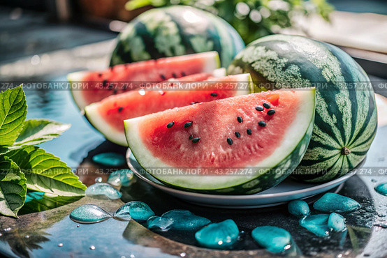 Close-up of fresh watermelon berries. Delicious berries and fruits of bright red color with drops of water. Vegetarianism. Healthy eating. Fresh fruits on the table. Стоковое AI-изображение, AI-художник Photojuli / Фотобанк Лори