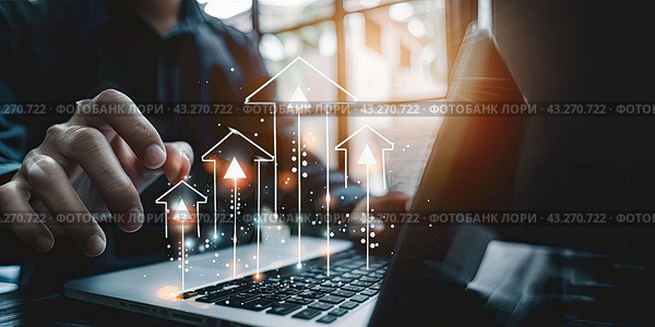 Close-up of hands analyzing business data on a digital tablet with growth chart overlay. Concept: financial analysis, technology, business growth. Стоковое AI-изображение, AI-художник Ярославский Максим / Фотобанк Лори