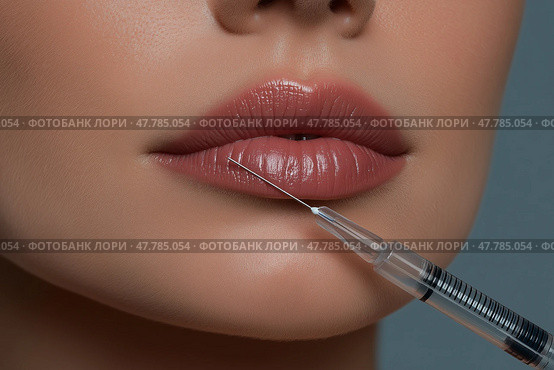 Close-Up of Lip Filler Injection – Needle and Syringe Procedure on Woman's Lips. Филлер для губ - один из самых популярных видов дермальных наполнителей, которые вводятся в губы женщины иглой и шприцем крупным планом. Стоковое AI-изображение, AI-художник Katsiaryna Repich / Фотобанк Лори
