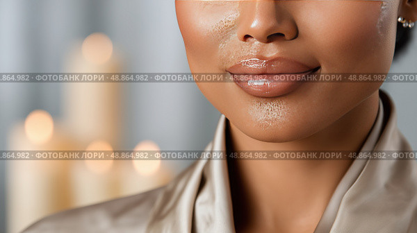 Close-up of lips with soft lighting highlighting natural beauty. Крупный план губ при мягком освещении, подчеркивающем естественную красоту. Стоковое AI-изображение, AI-художник Katsiaryna Repich / Фотобанк Лори