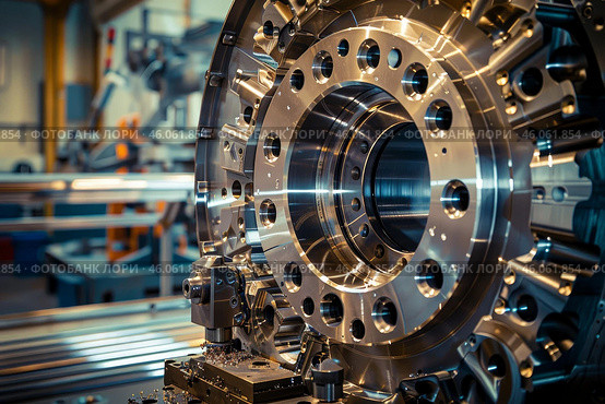 Close up of milling machine creating metal detail at factory. Стоковое AI-изображение, AI-художник Иван Рябоконь / Фотобанк Лори