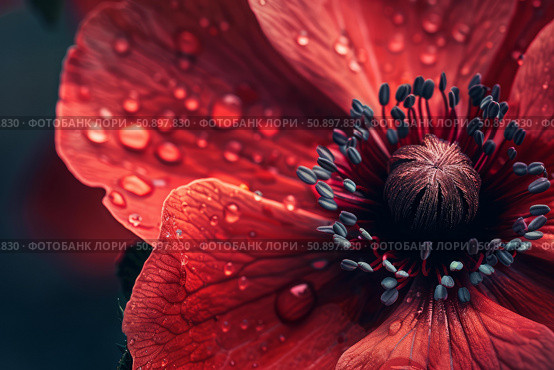 Close up of red poppy flower showing dew drops and pistil details. Стоковое AI-изображение, AI-художник Иван Рябоконь / Фотобанк Лори