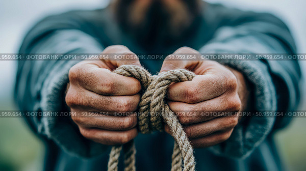 Close-up of rugged hands tightly grasping a taut rope, symbolizing strength, perseverance, and human connection, ideal for themes of hard work or unity. Стоковое AI-изображение, AI-художник Данила Большаков / Фотобанк Лори