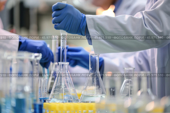 Close-up of scientists in lab coats performing an experiment using test tubes and beakers in a laboratory setting. Shallow depth of field. Стоковое AI-изображение, AI-художник Михаил Строгалев / Фотобанк Лори
