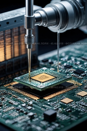 Close-up of silicon die being removed from wafer and attached to substrate using digital device. Manufacturing computer chips in semiconductor factory. Electronic industry concept. Copy ad text space. Стоковое AI-изображение, AI-художник Aleksandr Golubev / Фотобанк Лори