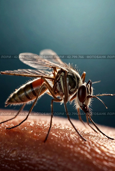 Close-up of striped mosquito on human skin, macro photo. Mosquitoes (Aedes aegypti) sucking human blood, close up. Carriers of dengue fever and malaria concept. Gen ai illustrate. Copy ad text space. Стоковое AI-изображение, AI-художник Aleksandr Golubev / Фотобанк Лори