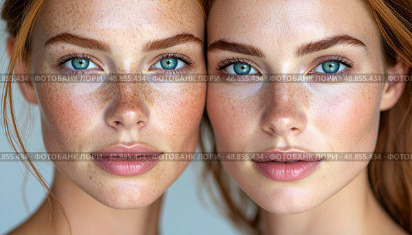 Close-up of two nearly identical women with striking blue eyes and red hair, symbolizing beauty, genetics, or fashion and identity trends. Стоковое AI-изображение, AI-художник Ольга Сухарева / Фотобанк Лори