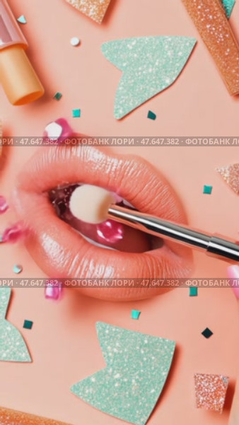 Close-up of vibrant, glossy lips with makeup applicators and glitter, celebrating beauty, glamour, and modern cosmetic artistry. Стоковое AI-видео, аниматор Данила Большаков / Фотобанк Лори