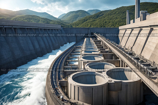 Close-up pipes of modern giant dam on Parana river, South America. Itaipu Binacional hydroelectric power station in Foz do Iguazu Brazil on border Paraguay. Hydro electrification concept. Copy space. Стоковое AI-изображение, AI-художник Aleksandr Golubev / Фотобанк Лори