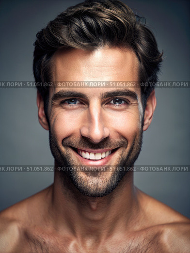 Close-Up Portrait of a Smiling Man With Stubble and Dark Hair. Generative AI. Стоковое AI-изображение, AI-художник Roman Zavorotny / Фотобанк Лори