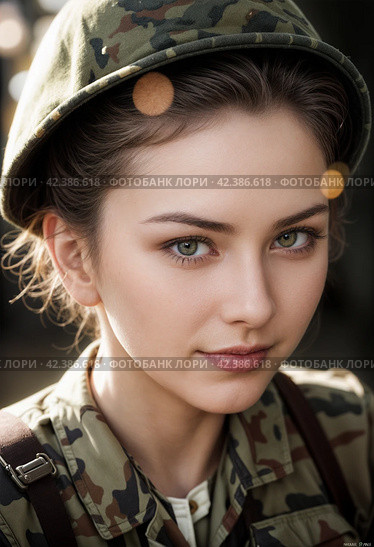 Close up portrait of a young blonde woman in military uniform. Generative AI. Стоковое AI-изображение, AI-художник Андрей Аркуша / Фотобанк Лори