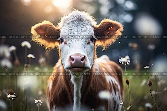 Close-up portrait of surprised cow on the pasture. Funny animal photo. Surprise expression and opened mouth. Стоковое AI-изображение, AI-художник Ярославский Максим / Фотобанк Лори