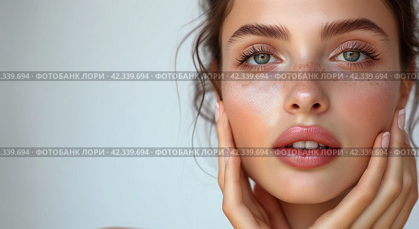 Close up portrait young beautiful woman touch her perfect smooth skin on grey studio background. Sensuality, natural beauty, plastic surgery, aesthetic medicine, cosmetology, cosmetics, skin care. Стоковое AI-изображение, AI-художник Alexander Tihonovs / Фотобанк Лори