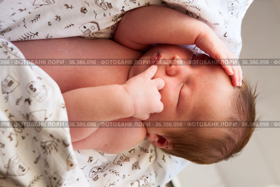 Close up view at sleeping baby, infant lies covered with hands, Caucasian newborn. Стоковое фото, фотограф Кекяляйнен Андрей / Фотобанк Лори