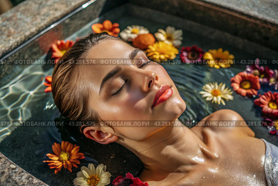 Close-up. View from above. A young, beautiful woman on spa treatments at beauty spa. The concept of a healthy lifestyle, relaxation, beauty treatments, self-love. Стоковое AI-изображение, AI-художник Photojuli / Фотобанк Лори