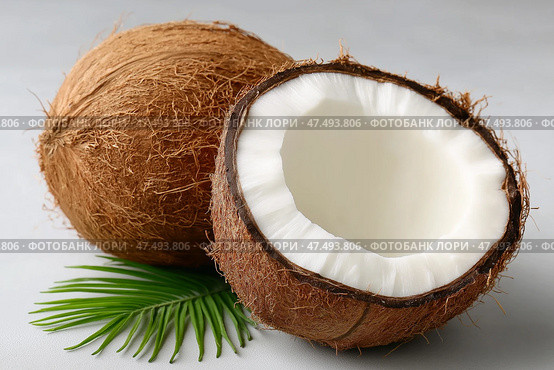 Close up view of a coconut with its husk and exposed white flesh. Крупный план кокосового ореха с шелухой и обнаженной белой мякотью. Стоковое AI-изображение, AI-художник Katsiaryna Repich / Фотобанк Лори