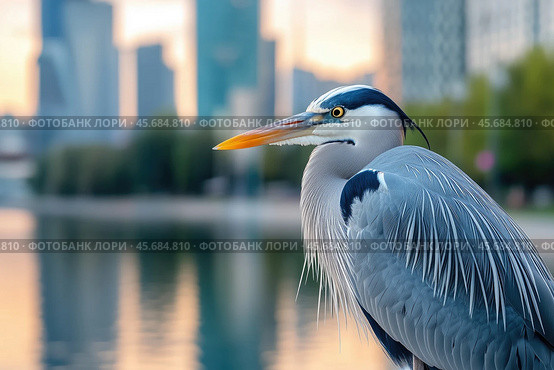 Close up view of a great blue heron (Ardea herodias) with skyscrapers in the background. Стоковое AI-изображение, AI-художник Евгений Харитонов / Фотобанк Лори