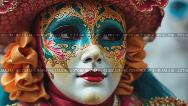Close up View of a Vibrant Venetian Carnival Mask Showcasing Intricate Designs and Colors During the Famous Festival of Venice. Стоковое AI-видео, аниматор Sergey Grishin / Фотобанк Лори