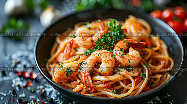 Close up view of delicious spaghetti with prawn. Western food concept. Стоковое AI-изображение, AI-художник Ярославский Максим / Фотобанк Лори