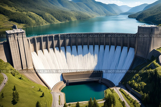 Close-up view of modern giant dam on Parana river, South America. Itaipu Binacional hydroelectric power station in Foz do Iguazu Brazil on border Paraguay. Hydro electrification concept. Copy space. Стоковое AI-изображение, AI-художник Aleksandr Golubev / Фотобанк Лори