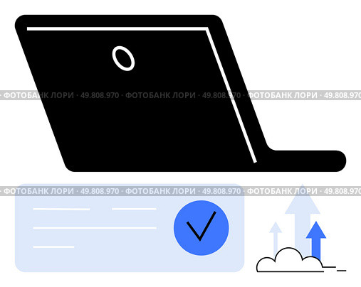 Closed laptop with checkmark document and cloud with ascending arrows. Ideal for tech, business, data management, paperwork approval, cloud computing, online services, digital workflow. Line metaphor. Laptop with Checkmark and Ascending Graph Arrows Indicating Data Upload or Cloud Sync. Стоковая иллюстрация, агентство Ingram Publishing / Фотобанк Лори