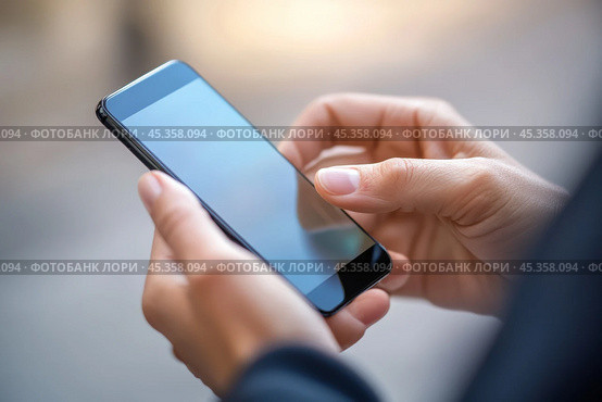 Closeup of male hands using smart phone, blurred trendy background. Man use mobile phone outdoors. Day light. Unrecognizable person touching smartphone screen. Unknown boy holding cellphone outside. Стоковое AI-изображение, AI-художник Марина Демидюк / Фотобанк Лори