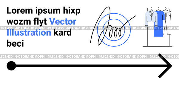 Clothes hanging on a rack, abstract scribble, and bold right-directed arrow accompanied by sample text. Ideal for fashion, direction, abstract art, typography, modern design, e-commerce navigation. Clothes on a rack, abstract scribble, and bold arrow with sample text in modern graphic design. Стоковая иллюстрация, агентство Ingram Publishing / Фотобанк Лори